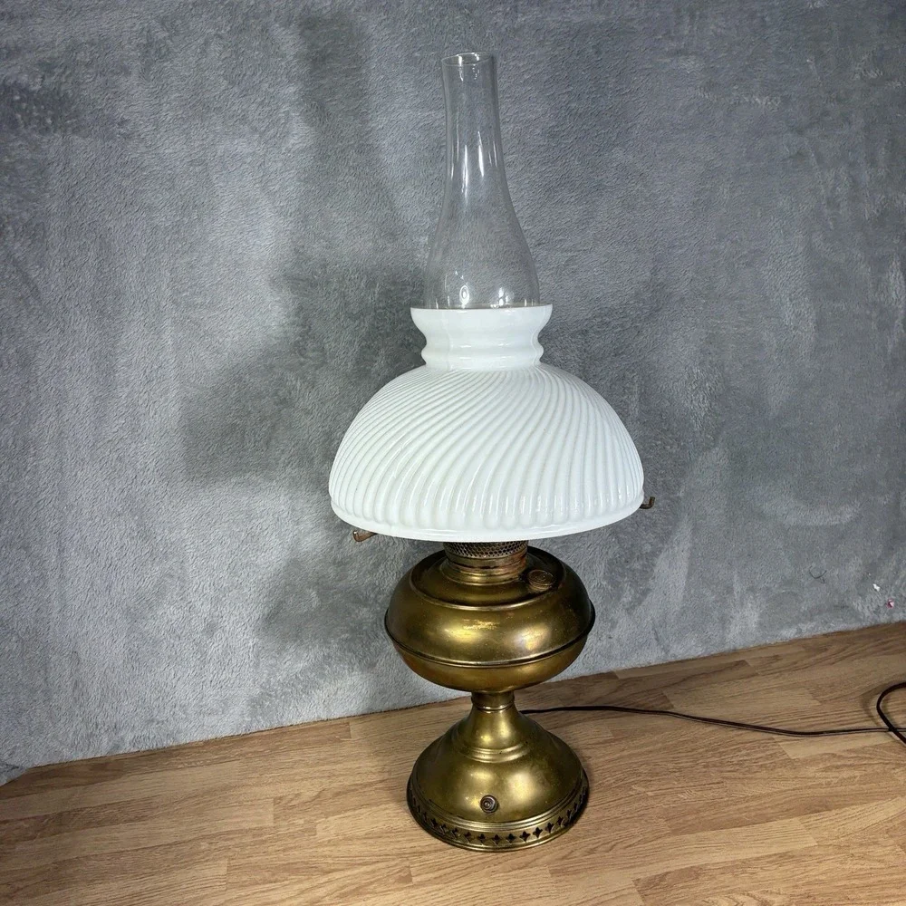 Vintage Brass Rayo Electrified Oil Lamp-Glass Chimney & White Milk Glass Shade